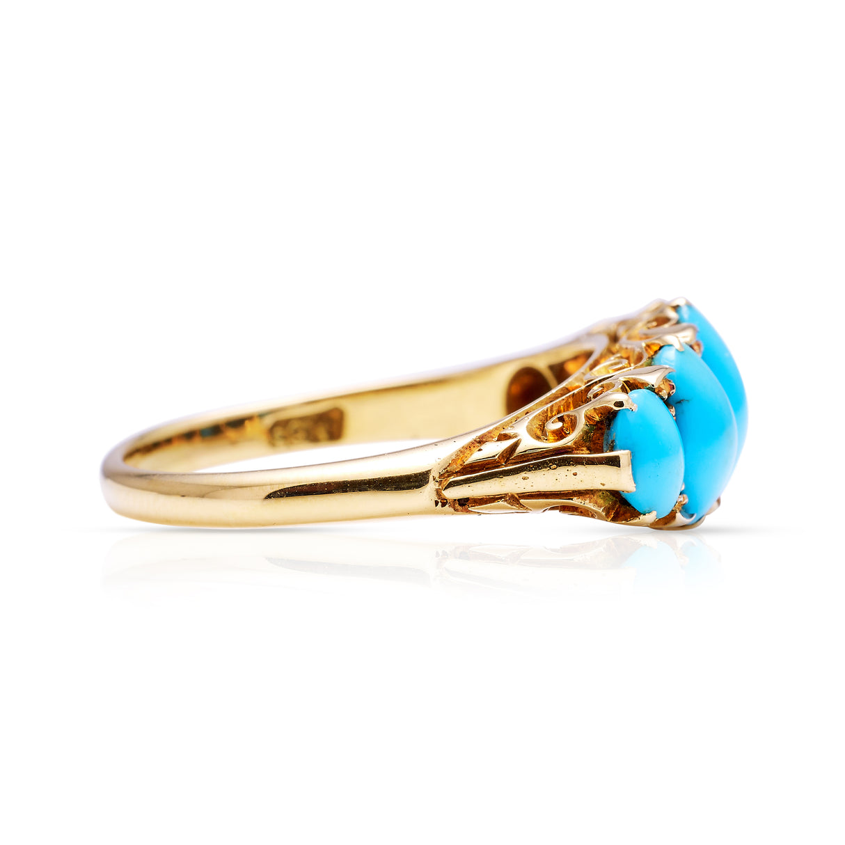 turquoise five stone half hoop ring, side view. 