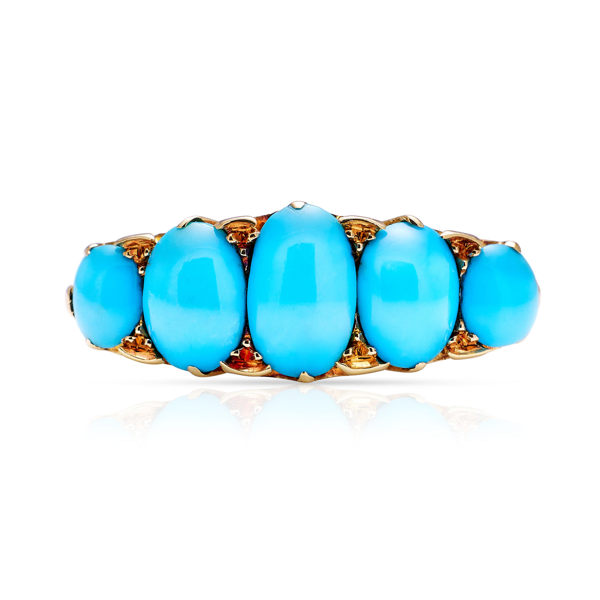 turquoise five stone half hoop ring, front view. 