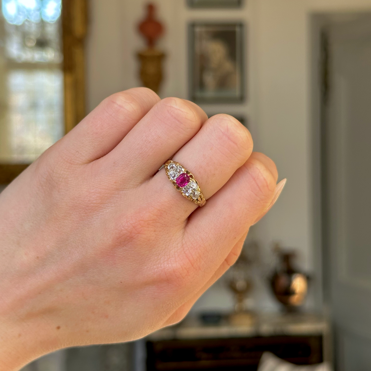 Antique, Victorian Burmese Ruby and Diamond Engagement Ring, 18ct Yellow Gold worn on closed hand.