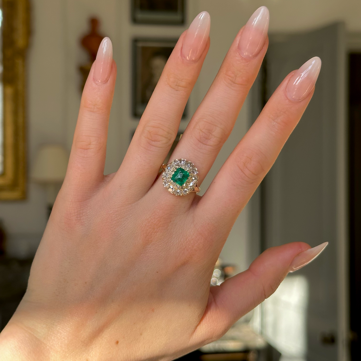 Antique, Victorian Emerald and Diamond Cluster Ring, 18ct Yellow Gold worn on hand.