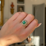 Antique, Victorian Emerald and Diamond Cluster Ring, 18ct Yellow Gold worn on closed hand.