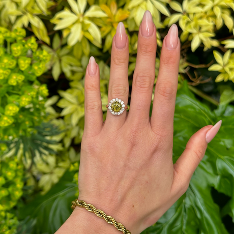 Antique, Victorian Green Zircon and Diamond Cluster Ring, 18ct Yellow Gold worn on hand.
