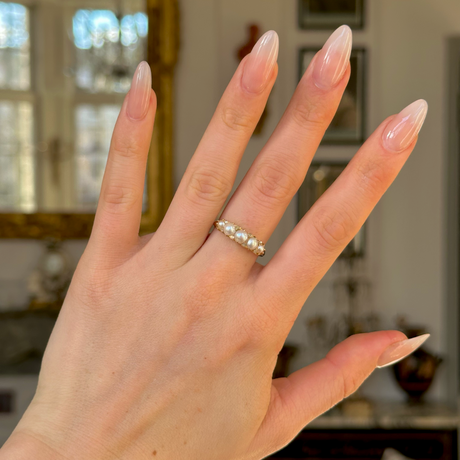 Antique, Victorian Pearl and Diamond Half Hoop Ring, 18ct Yellow Gold worn on hand.