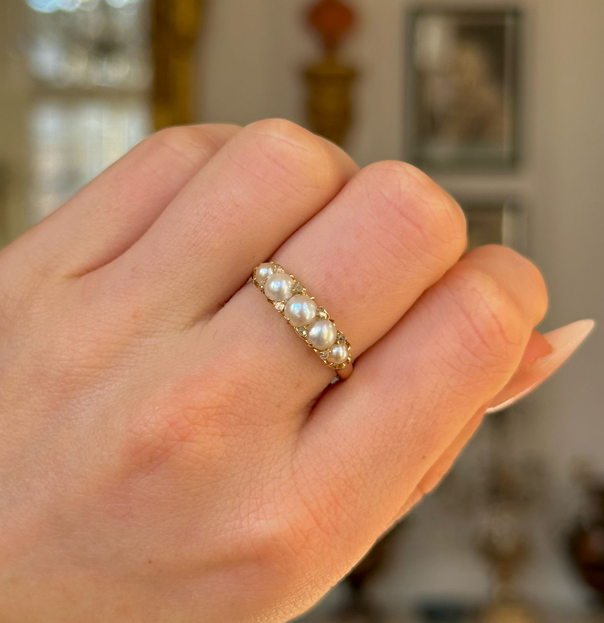 Antique, Victorian Pearl and Diamond Half Hoop Ring, 18ct Yellow Gold worn on closed hand.