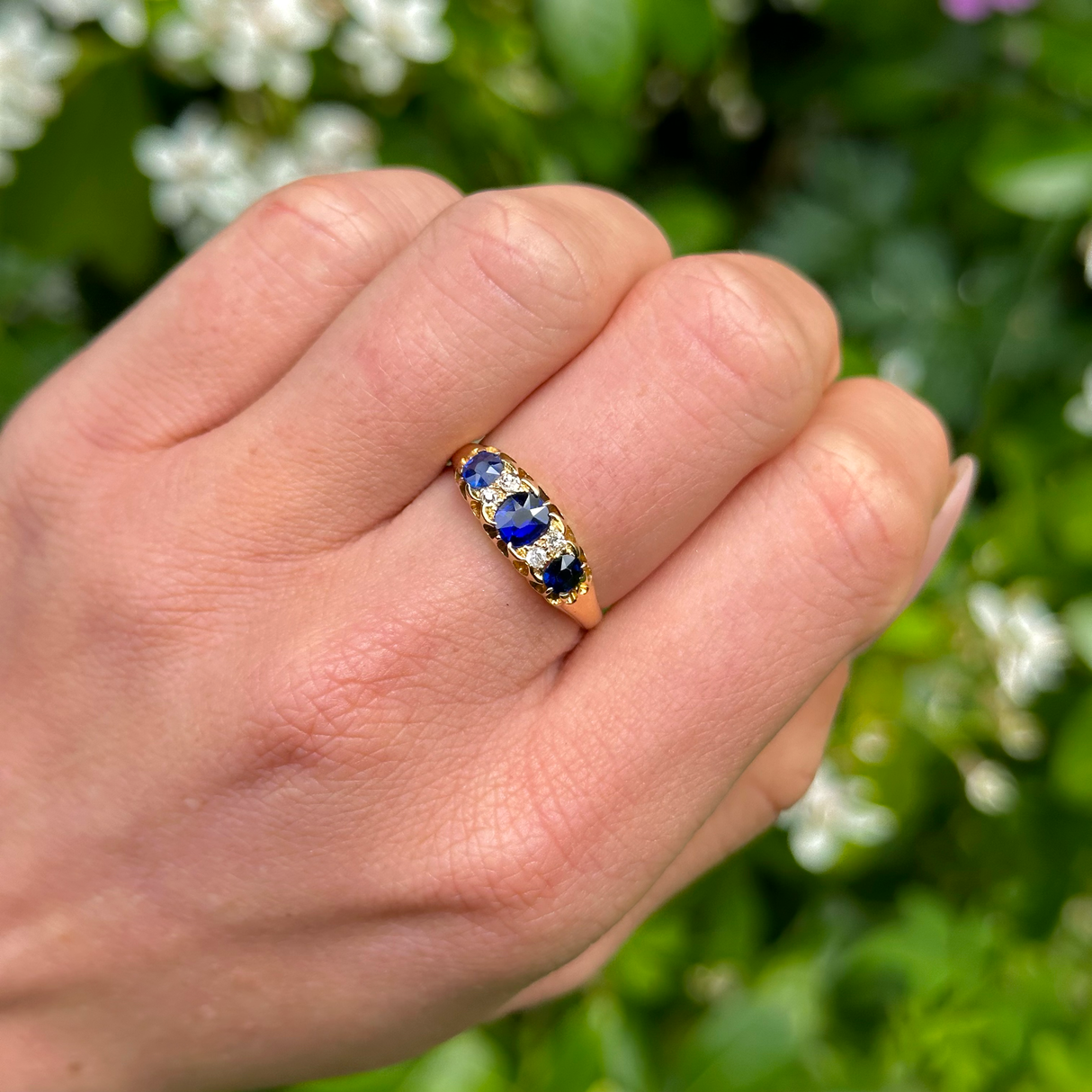 Antique, Victorian Sapphire and Diamond Three-Stone Ring, 18ct Yellow Gold worn on hand.