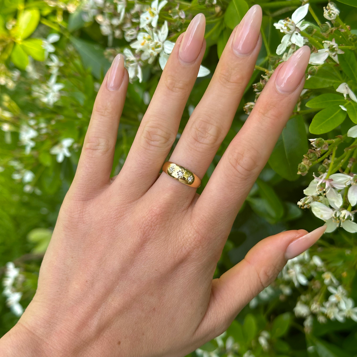 Antique, Victorian Three-Stone Diamond Gypsy Ring, 18ct Yellow Gold worn on hand.