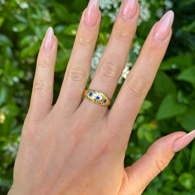Antique, Victorian Three-Stone Sapphire Gypsy Ring, 18ct Yellow Gold worn on hand.