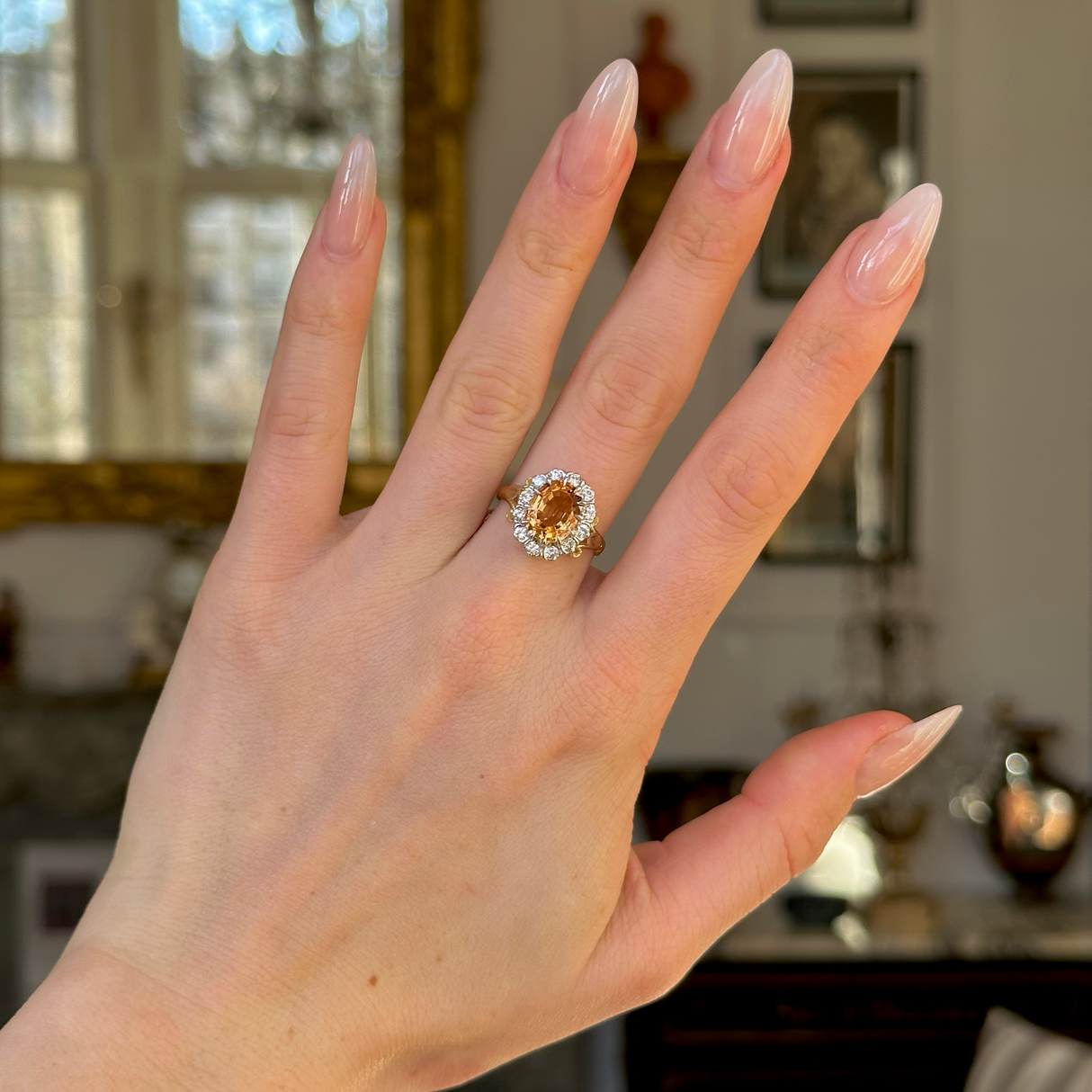Antique, Victorian Topaz and Diamond Cluster Ring, 18ct Yellow Gold worn on hand.