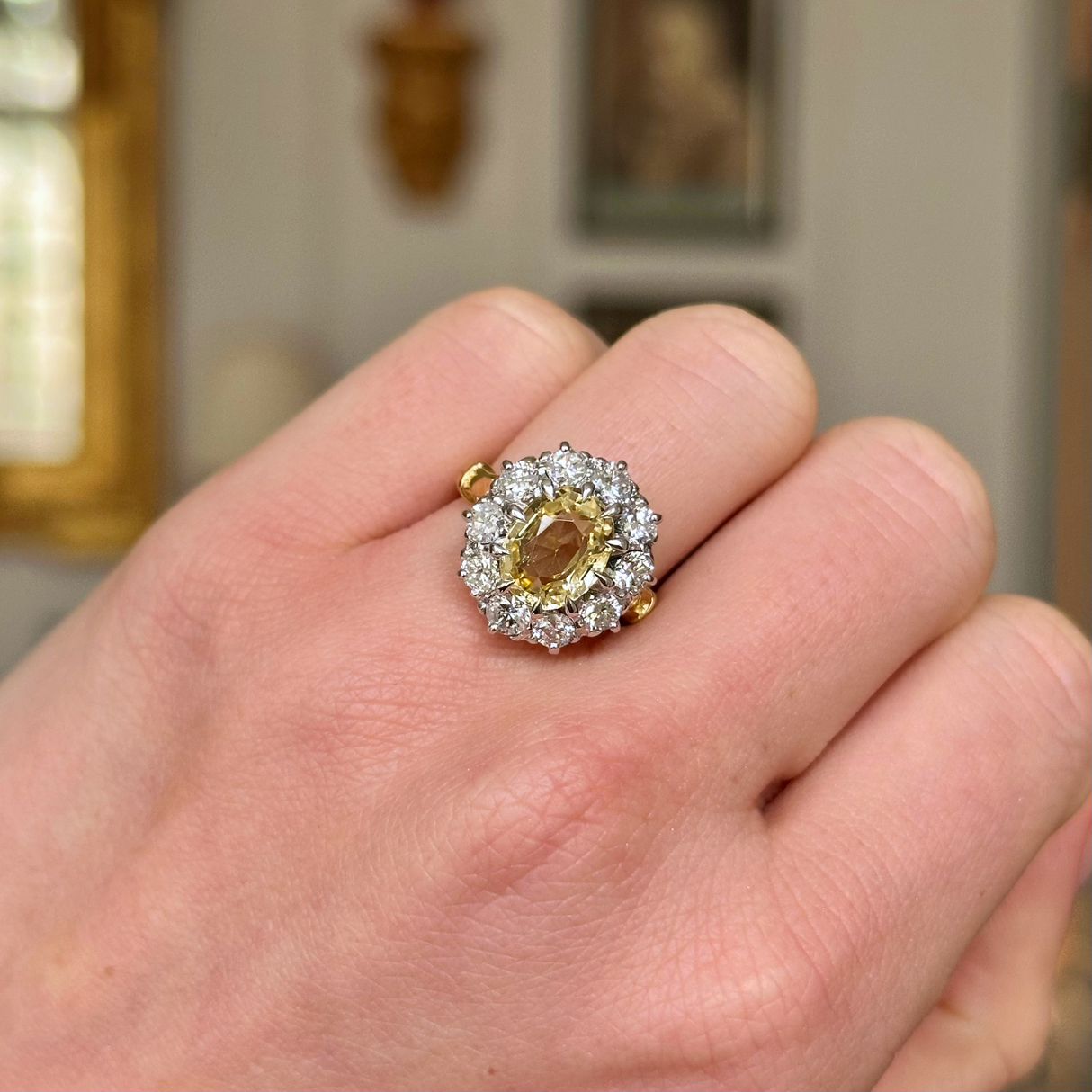Antique, Victorian Yellow Sapphire and Diamond Ring, worn on closed hand.