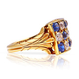Antique Victorian sapphire and diamond ring, side view.