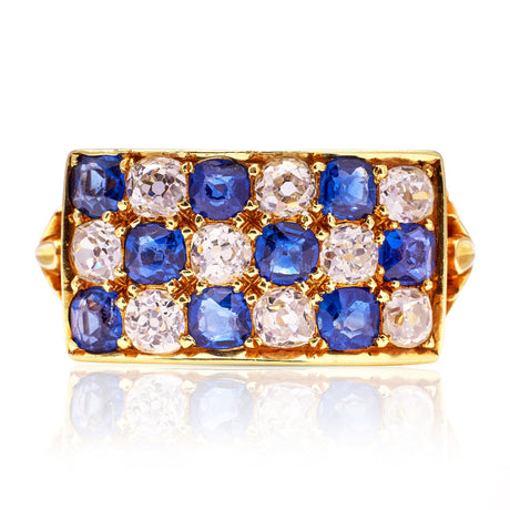 Antique Victorian sapphire and diamond ring, front view.