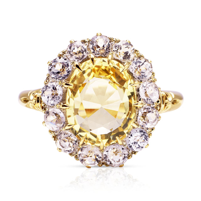 Antique, Victorian, Yellow and White Sapphire Cluster Ring, 18ct Yellow Gold. Front image.
