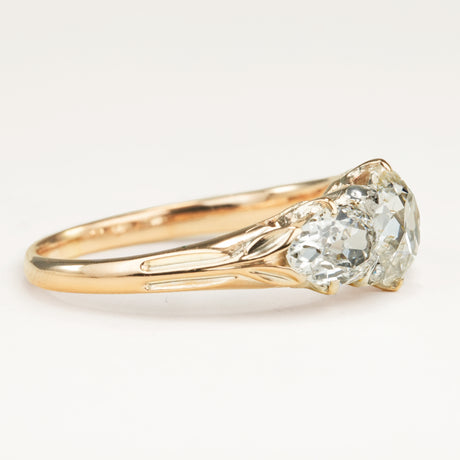 Antique Victorian three-stone with cushion-cut and pear-cut diamonds ring