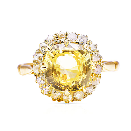 Vintage, Cushion-cut Yellow Sapphire Diamond Cluster Engagement Ring, front view,