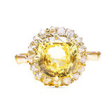 Vintage, Cushion-cut Yellow Sapphire Diamond Cluster Engagement Ring, front view,