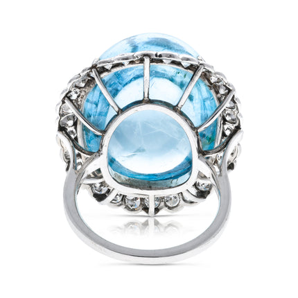 Vintage Cabochon Aquamarine and Diamond Cluster Cocktail Ring, Platinum