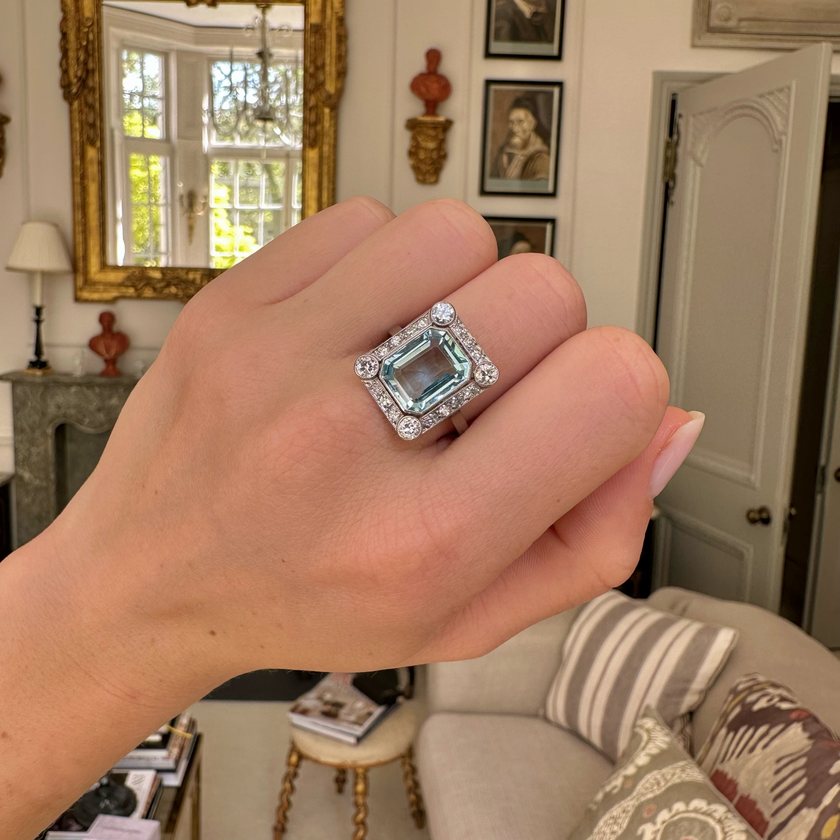 Belle Époque aquamarine & diamond panel ring, 18ct white gold & platinum