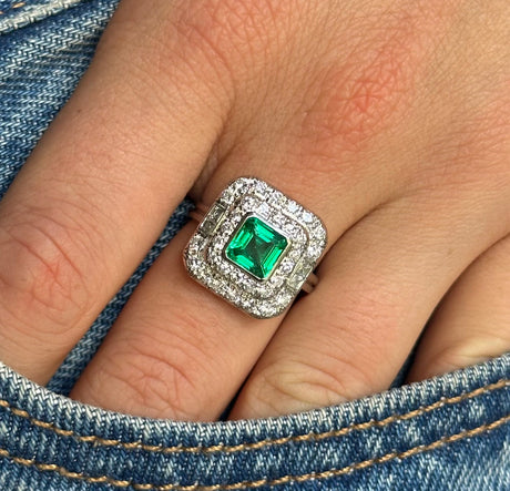 Art Deco, square-cut Colombian emerald & diamond cluster ring