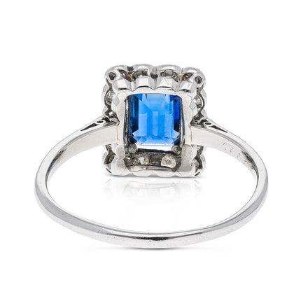 Antique, Art Deco, Emerald-cut Sapphire & Diamond Cluster Engagement Ring, Platinum