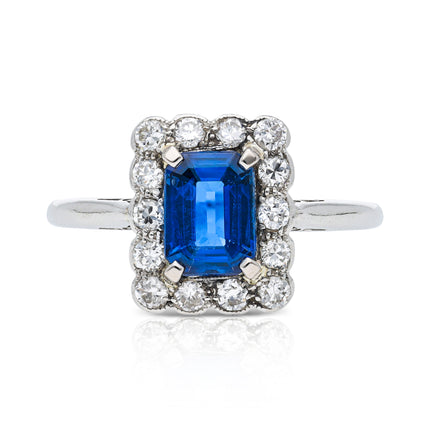 Antique, Art Deco, Emerald-cut Sapphire & Diamond Cluster Engagement Ring, Platinum