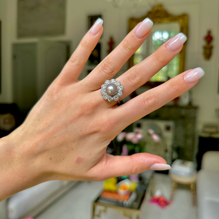 Art Deco, Platinum, Natural Grey Pearl and Diamond Cluster Ring