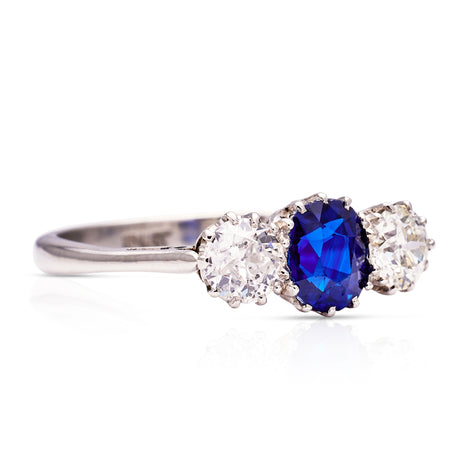 Vintage, Art Deco Sapphire and Diamond Three Stone Engagement Ring, Platinum