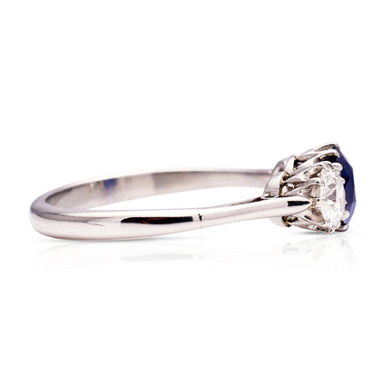Antique Art Deco, 1920s, Sapphire and Diamond Three Stone Engagement Ring, Platinum