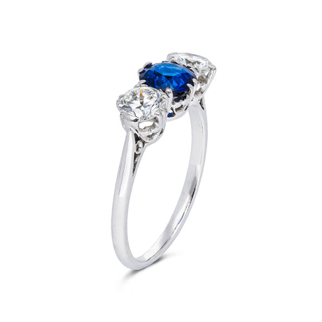 Antique, Art Deco Sapphire & Diamond Three Stone Ring, Platinum