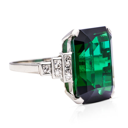 Art Deco Green Chrome Tourmaline and Diamond Ring, Platinum