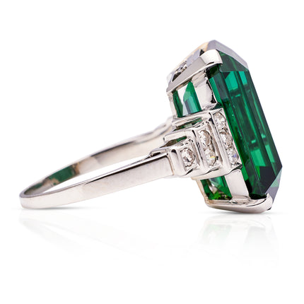 Art Deco Green Chrome Tourmaline and Diamond Ring, Platinum