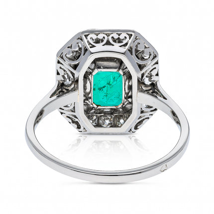 Art Deco, 1920s, Emerald and Diamond Cluster Engagement Ring, Platinum