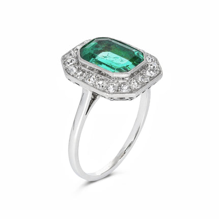Art Deco, 1920s, Emerald and Diamond Cluster Engagement Ring, Platinum