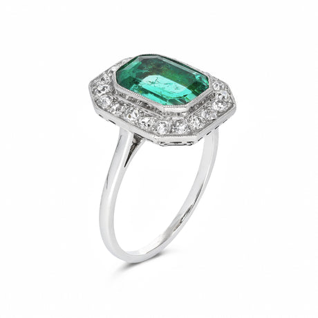 Art Deco, 1920s, Emerald and Diamond Cluster Engagement Ring, Platinum