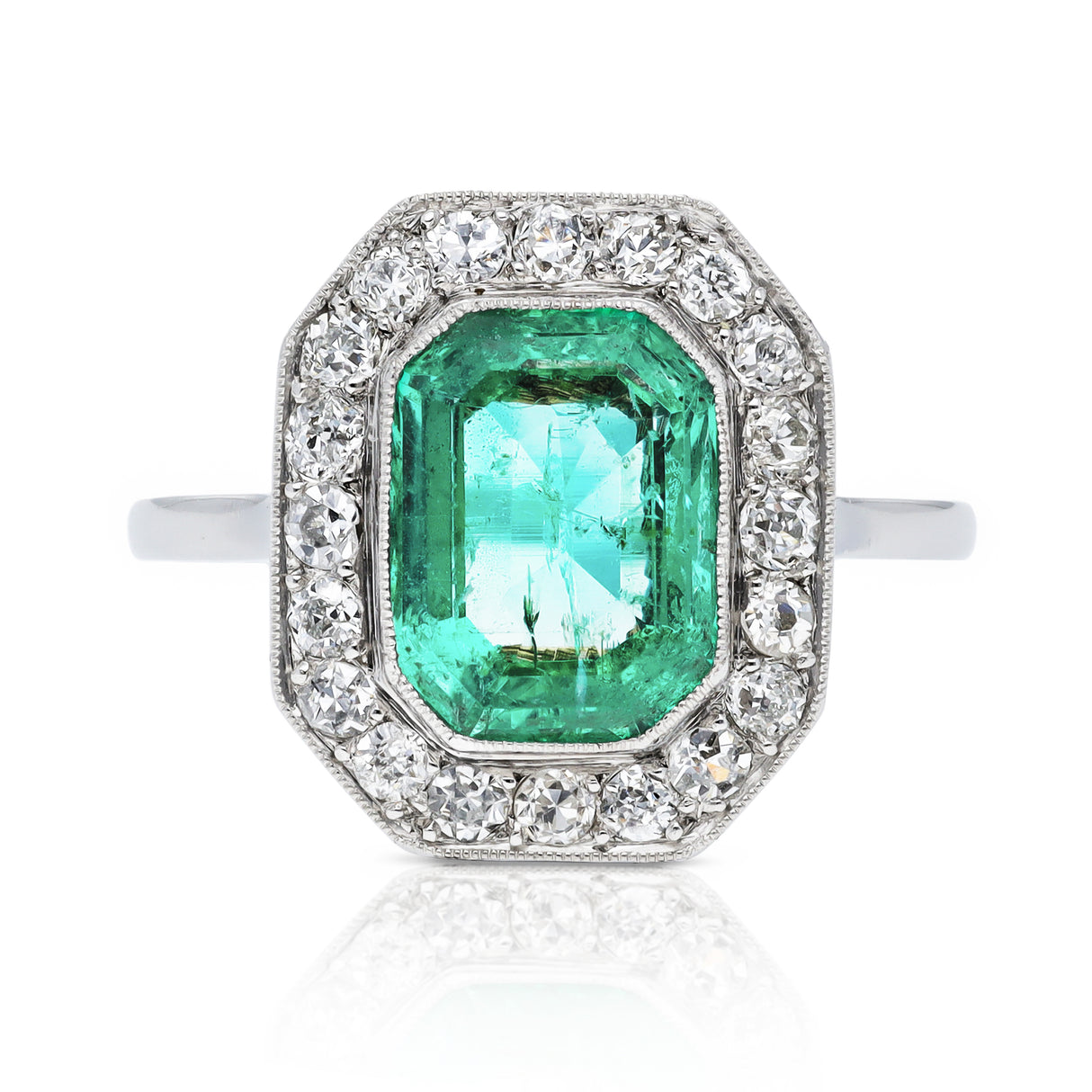 Art Deco, 1920s, Emerald and Diamond Cluster Ring, Platinum