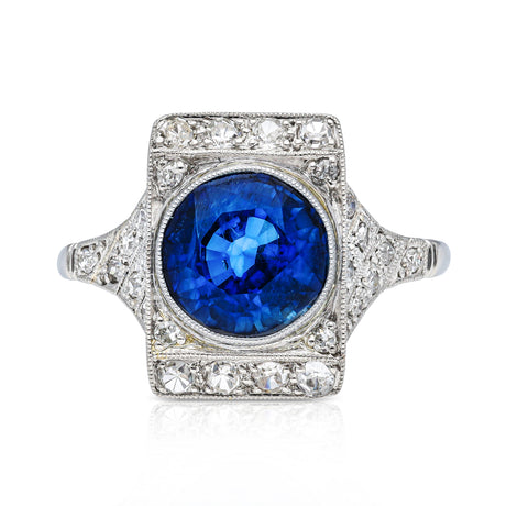 sapphire and diamond panel ring, front view.