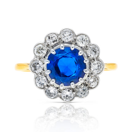 Art Deco, Sapphire and Diamond Daisy Cluster Engagement Ring, 18ct Yellow Gold