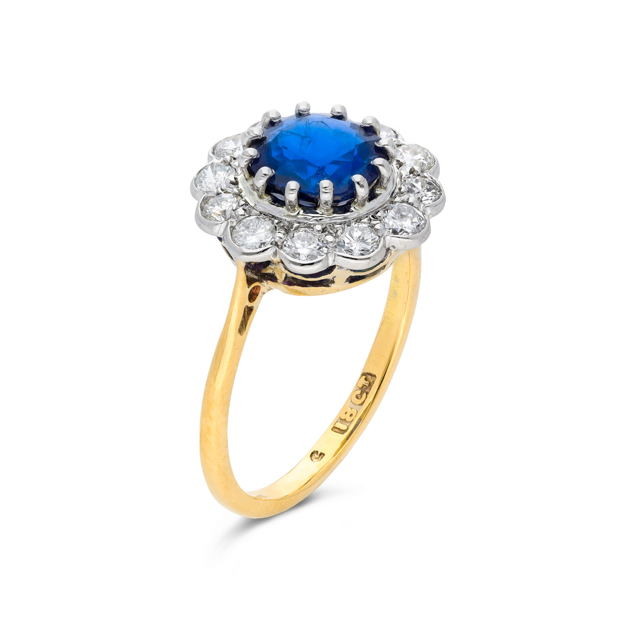 Art Deco, sapphire & diamond daisy cluster engagement ring, 18ct yellow gold