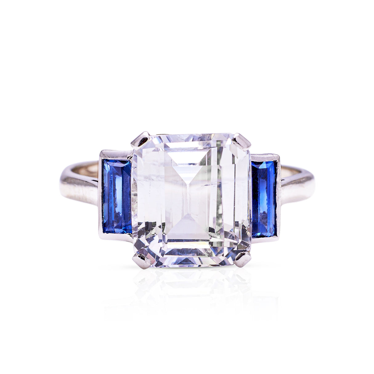 Art Deco, White Sapphire and Blue Sapphire Three Stone Ring, Platinum