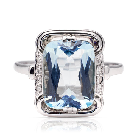 Vintage, Aquamarine and Diamond Ring, 18ct White Gold front view