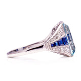 Art Deco aquamarine, sapphire and diamond ring, side view..