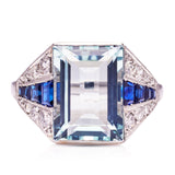 Art Deco aquamarine, sapphire and diamond ring, front view..