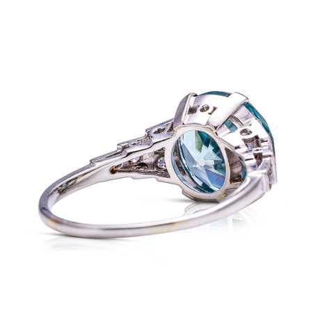 Art deco blue zircon and diamond ring, back view. 