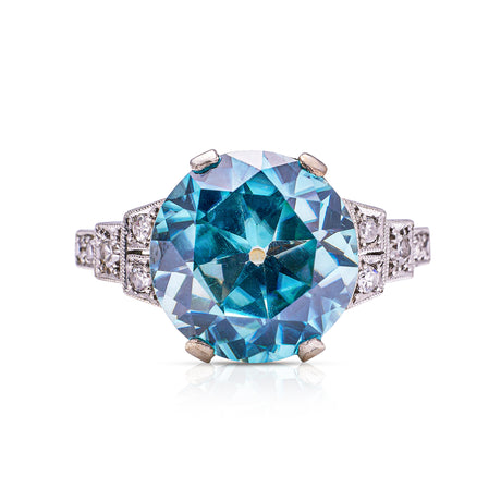 Art deco blue zircon and diamond ring, front view. 
