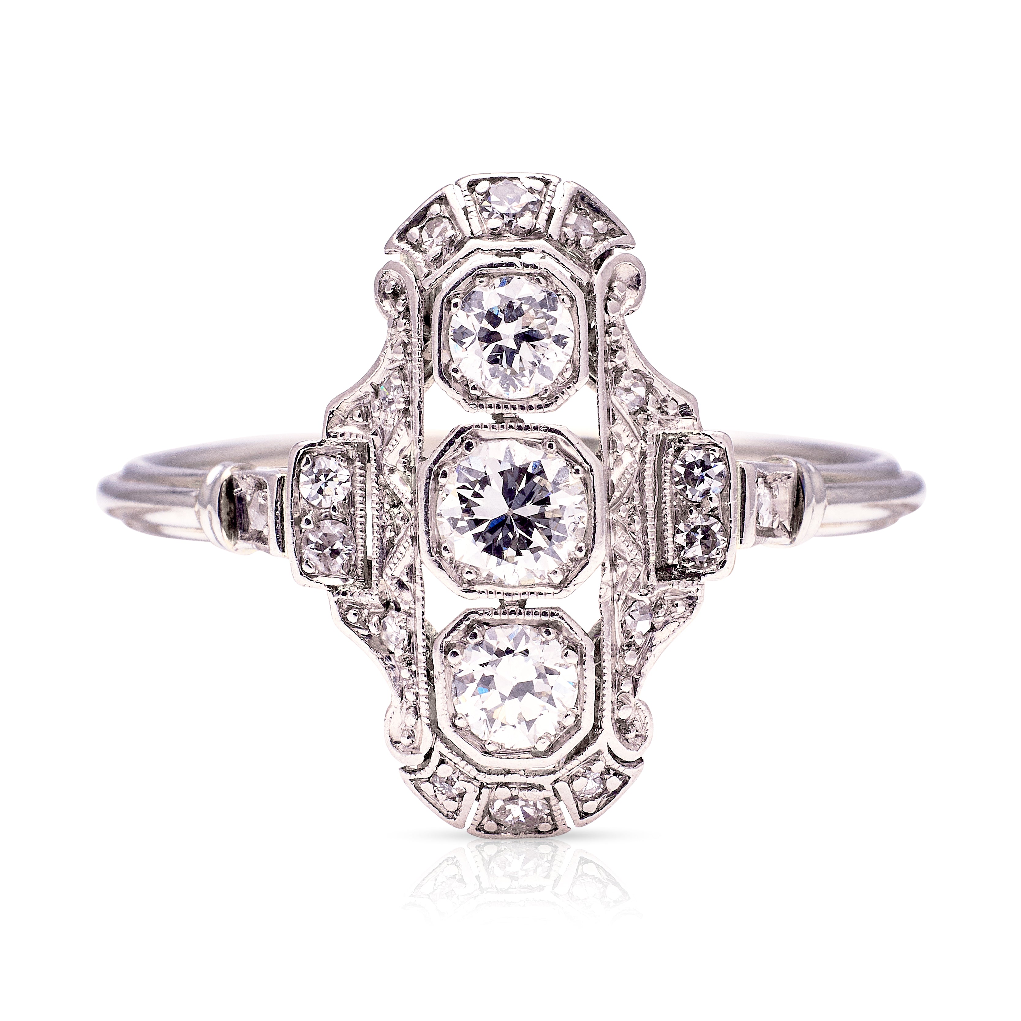 Vintage Art Deco three stone diamond panel ring Antique Ring Boutique