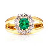 Vintage, Emerald and Diamond Cluster Ring, 18ct Yellow Gold. Front