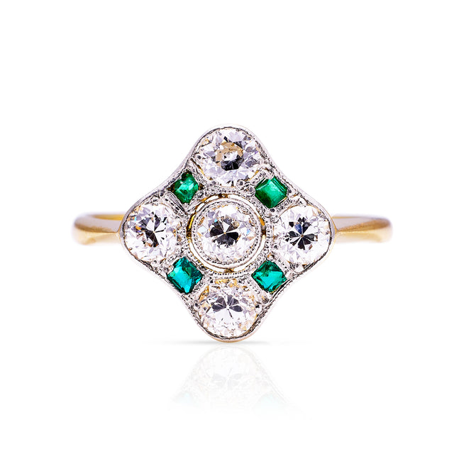 Art Deco emerald and diamond kite shaped ring, front view. 