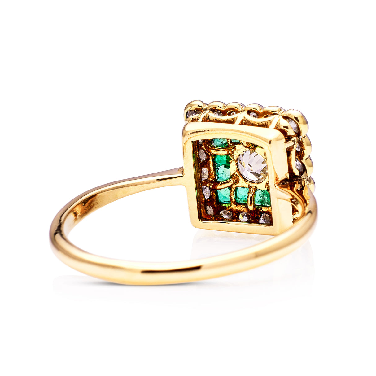 Antique, Emerald and Diamond Square Cluster Ring, 18ct Yellow Gold and Platinum rear view