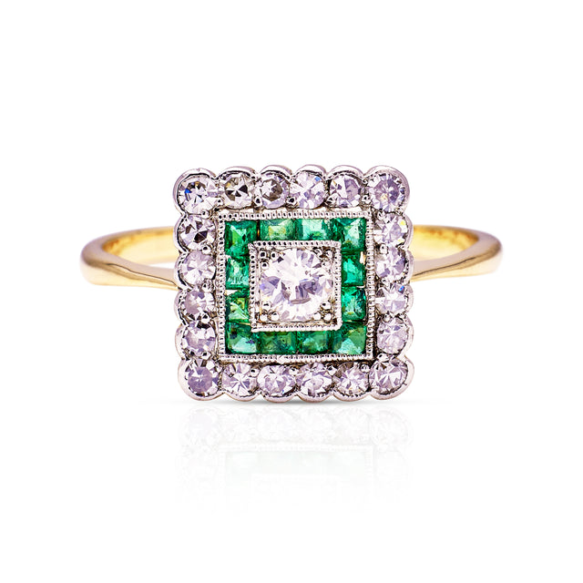 Antique, Emerald and Diamond Square Cluster Ring, 18ct Yellow Gold and Platinum front view