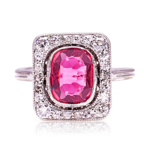 Art Deco ruby cluster ring, front view.