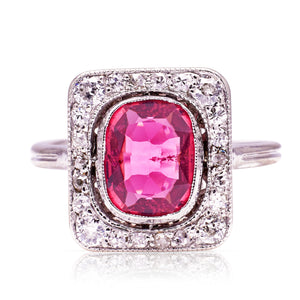 Antique, Art Deco red spinel and diamond cluster ring